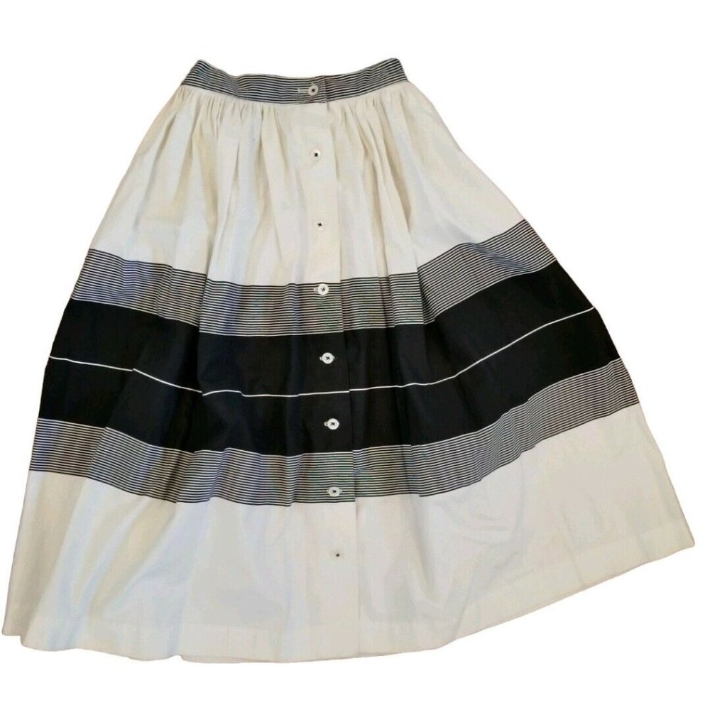 Vintage 60s XS 0 2 Button Down Skirt Cotton White Black‎ Striped Midi